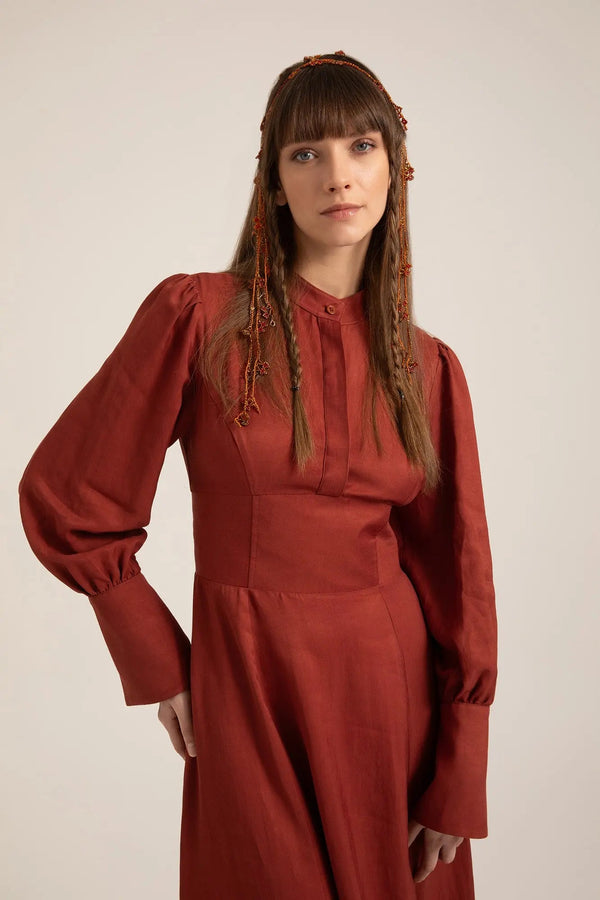 Amira Corset Maxi Dress in Terracotta – Close-up front | AJIRAH #Terracotta