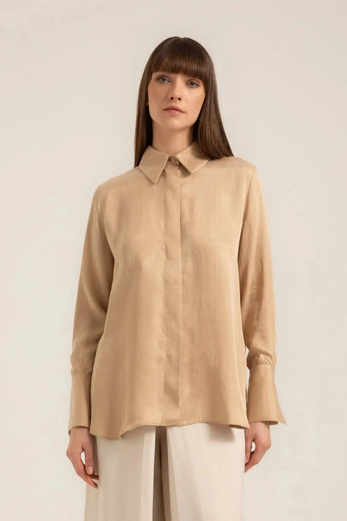 Luna Lyocell Shirt in Stone – Front view | AJIRAH #Stone