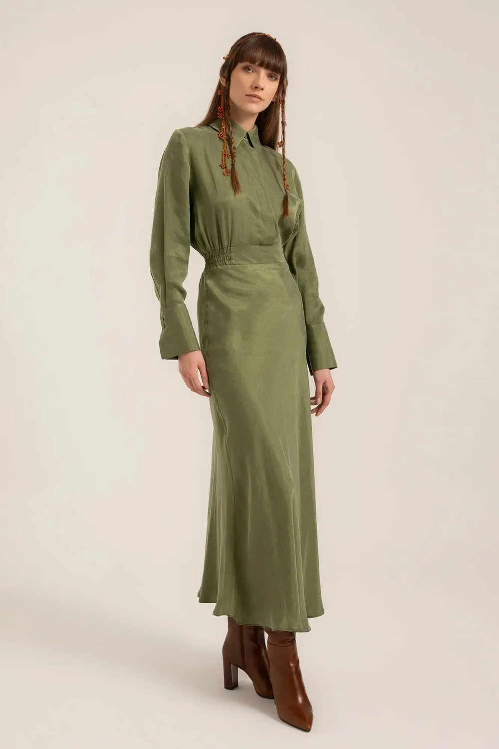 Luna Shirt Maxi Dress in Pesto – Front side view | AJIRAH #Pesto