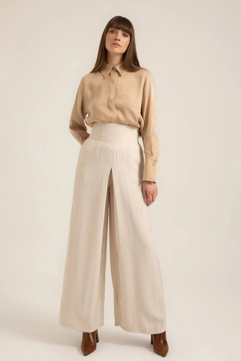 Pia Palazzo Pants in Stone – Front view | AJIRAH #Stone