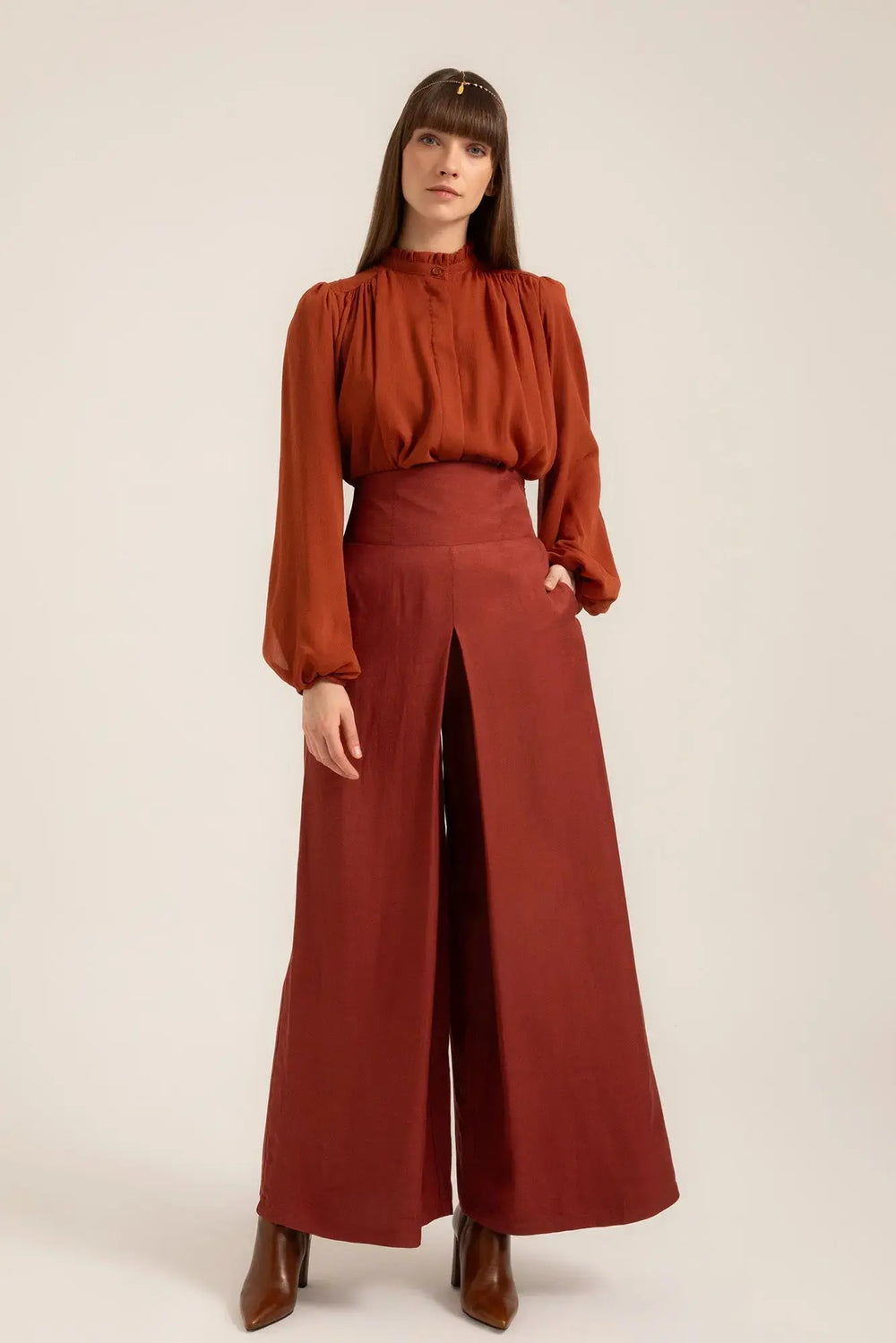 Pia Palazzo Pants in Terracotta – Front view | AJIRAH #Terracotta