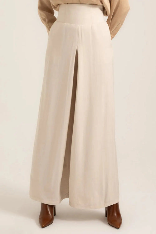 Pia Palazzo Pants in Stone – Front close-up | AJIRAH #Stone
