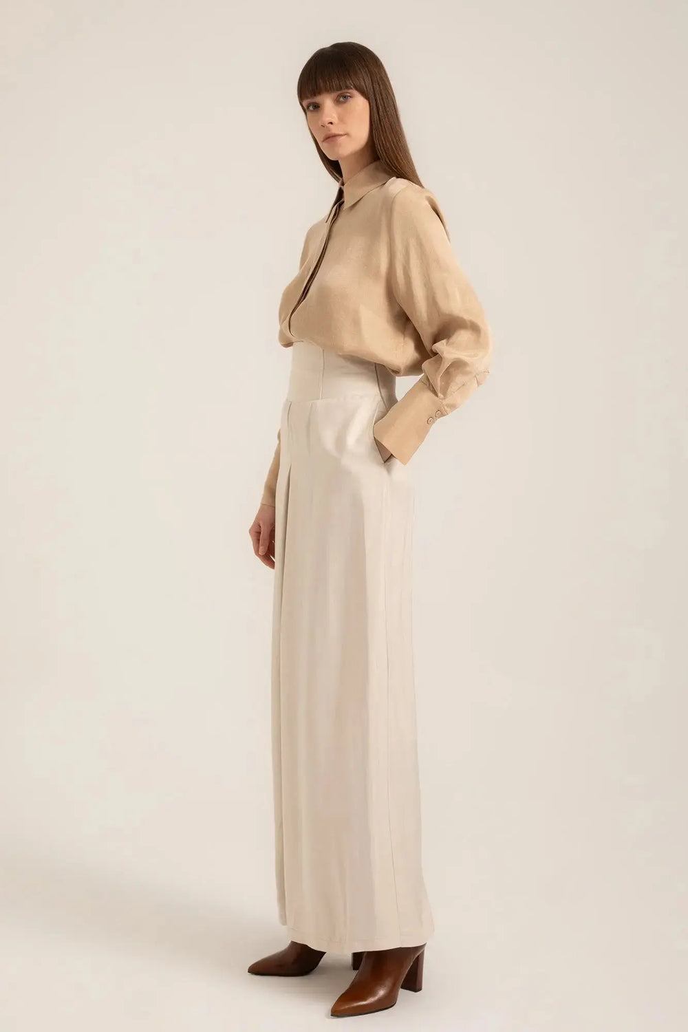 Pia Palazzo Pants in Stone – Front view | AJIRAH #Stone