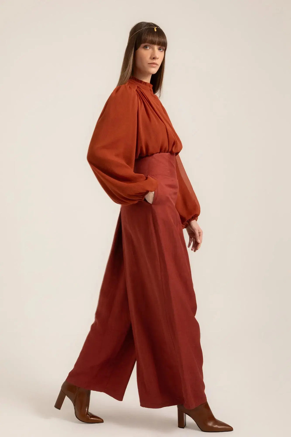 Pia Palazzo Pants in Terracotta – Front view | AJIRAH #Terracotta