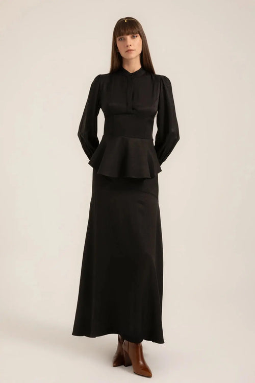 Pia Panel Maxi Skirt in Nero – Full front view | AJIRAH #Nero