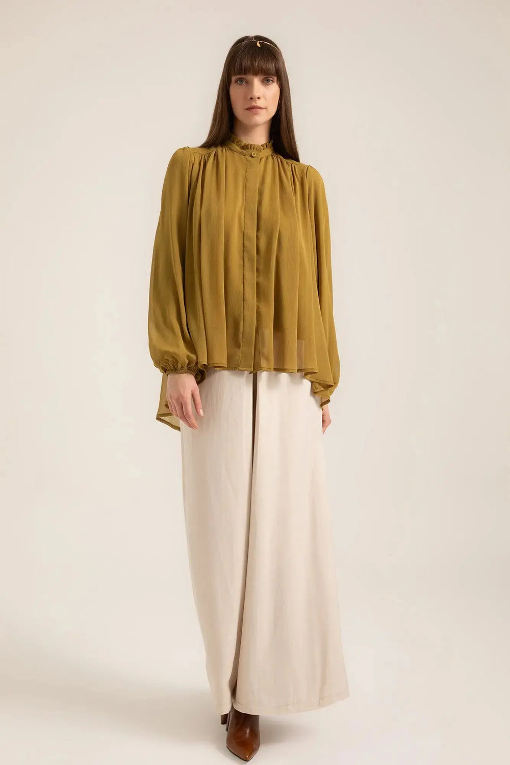 Tahlia Boho Blouse in Oil Green – Front view | AJIRAH #Oil Green