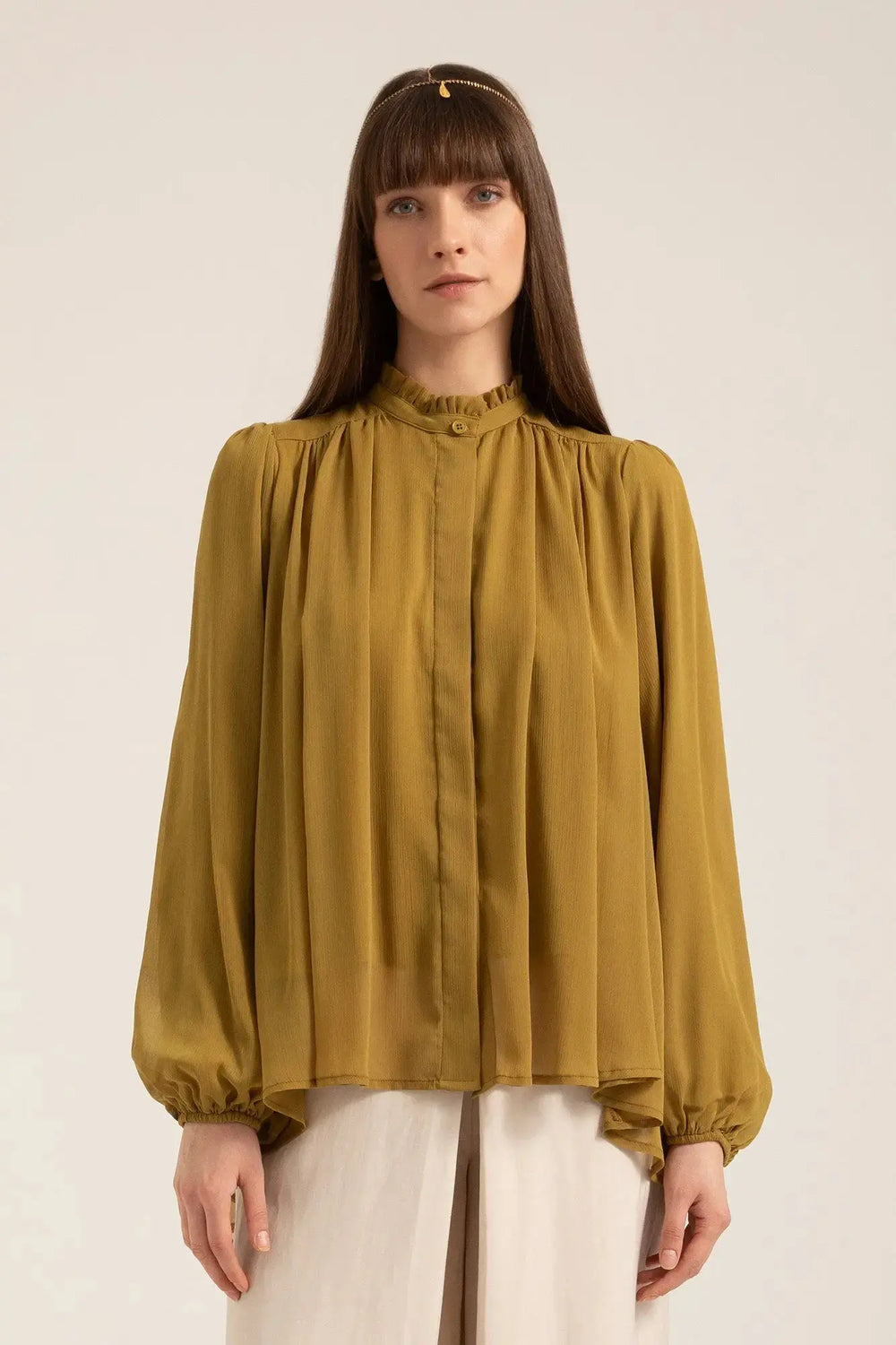 Tahlia Boho Blouse in Oil Green – Front view | AJIRAH #Oil Green
