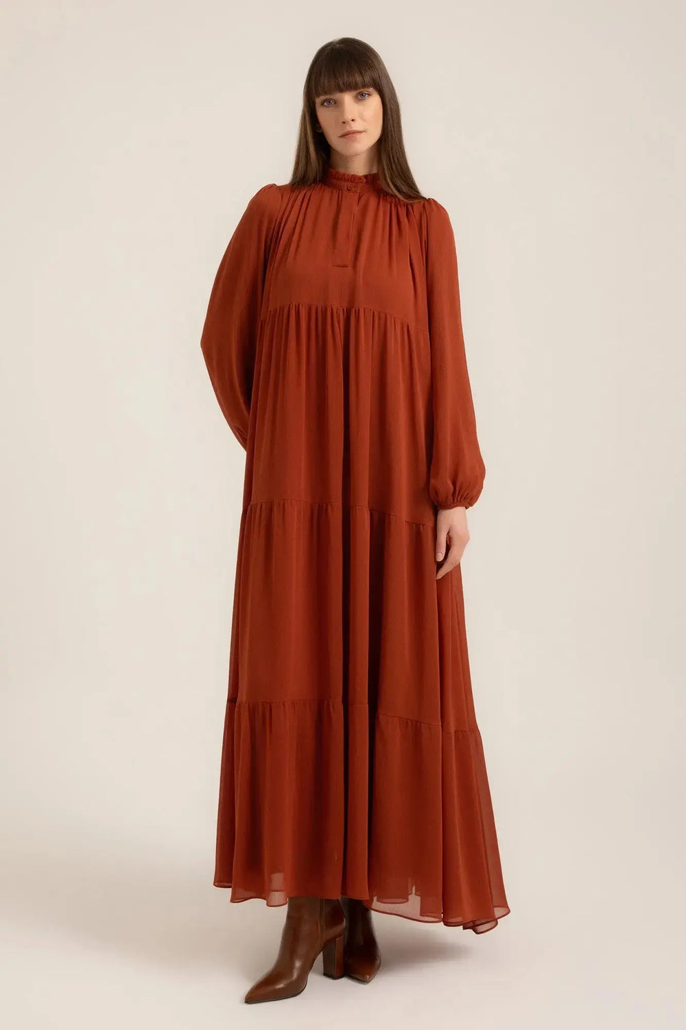 Tahlia Boho Maxi Dress in Burnt Orange – Side front view | AJIRAH #Burnt Orange