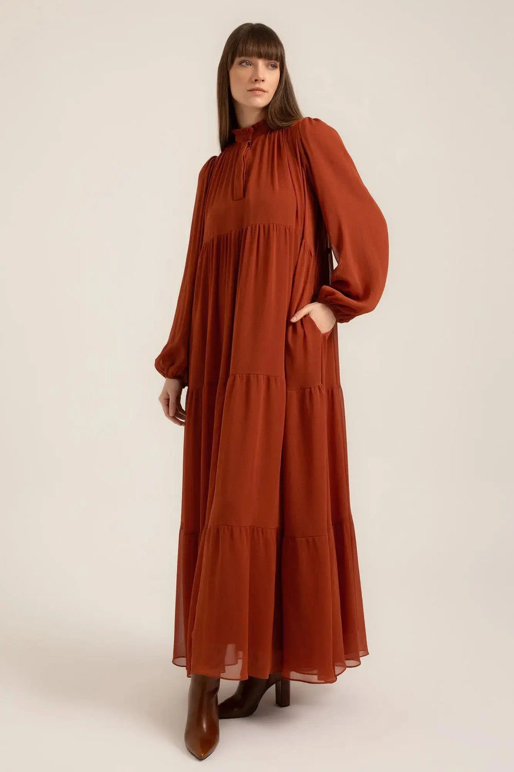 Tahlia Boho Maxi Dress in Burnt Orange – Side front view | AJIRAH #Burnt Orange