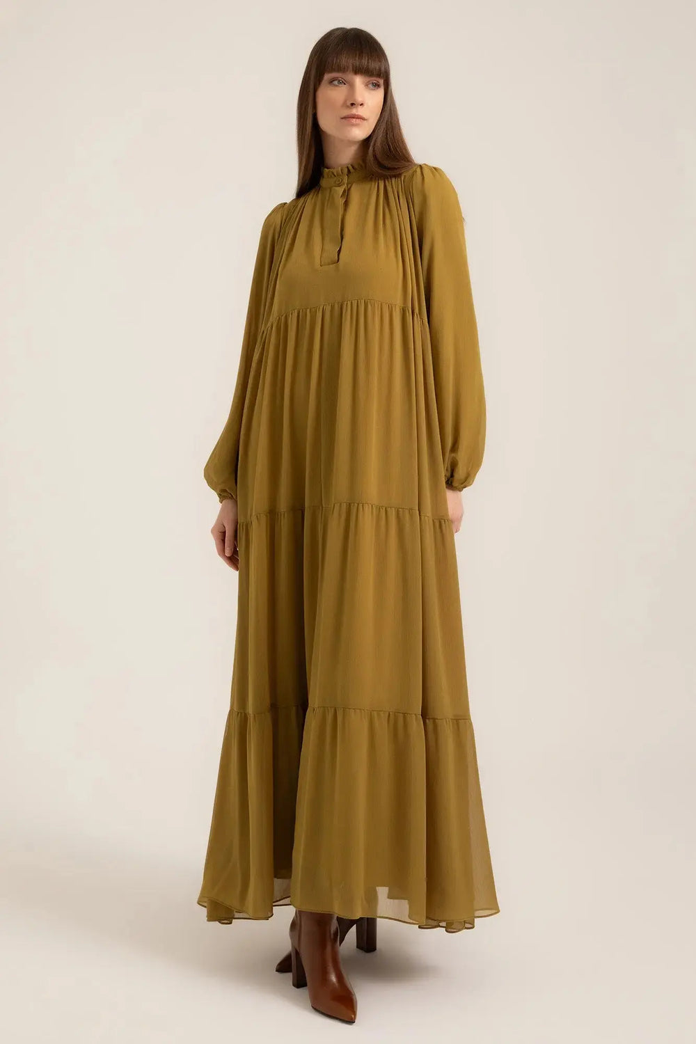Tahlia Boho Maxi Dress in Oil Green – Full front view | AJIRAH #Oil Green
