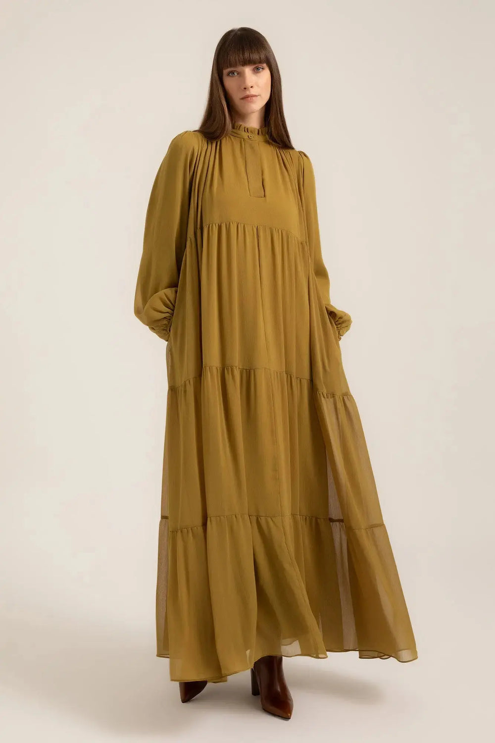 Tahlia Boho Maxi Dress in Oil Green – Full front view | AJIRAH #Oil Green