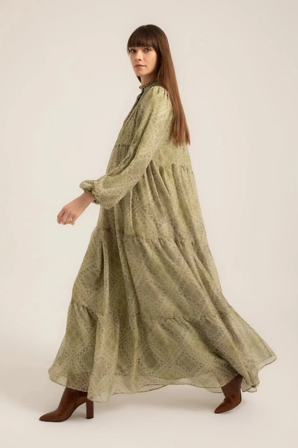 Tahlia Boho Maxi Dress in Tatraaz Leaf – Side front view | AJIRAH #Tatraaz Leaf