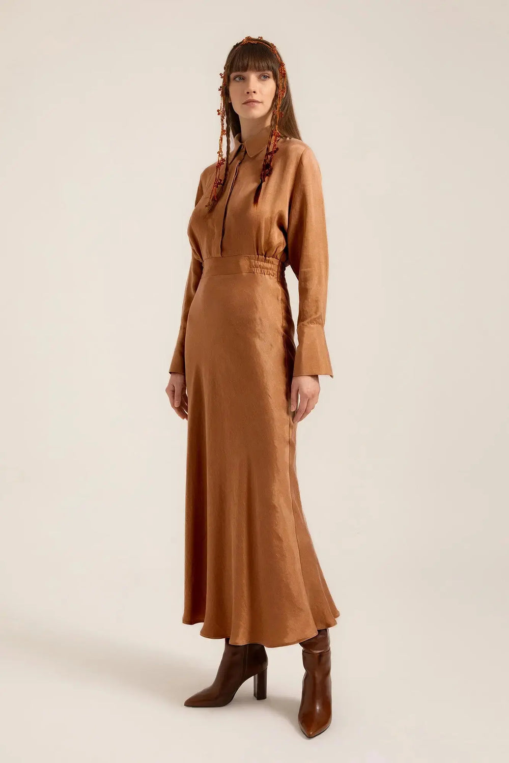 Luna Shirt Maxi Dress in Gold Aztec – Front | AJIRAH #Gold Aztec