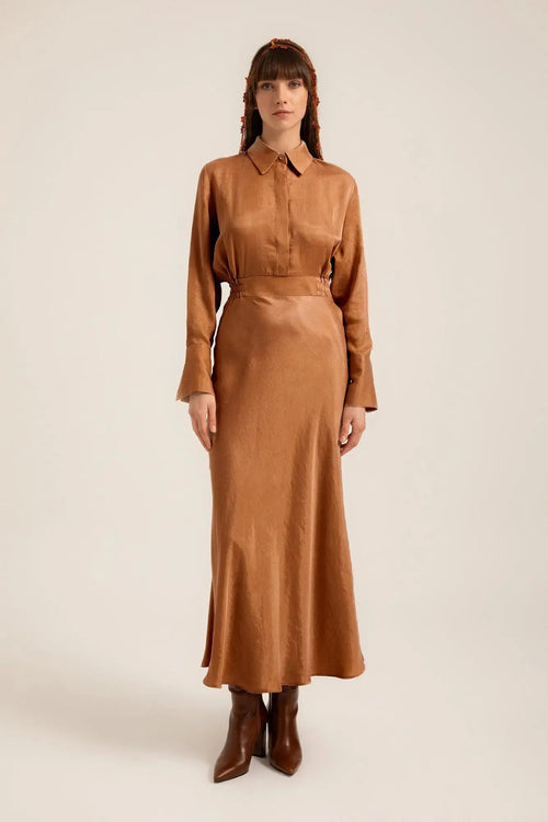 Luna Shirt Maxi Dress in Gold Aztec – Front detail | AJIRAH #Gold Aztec