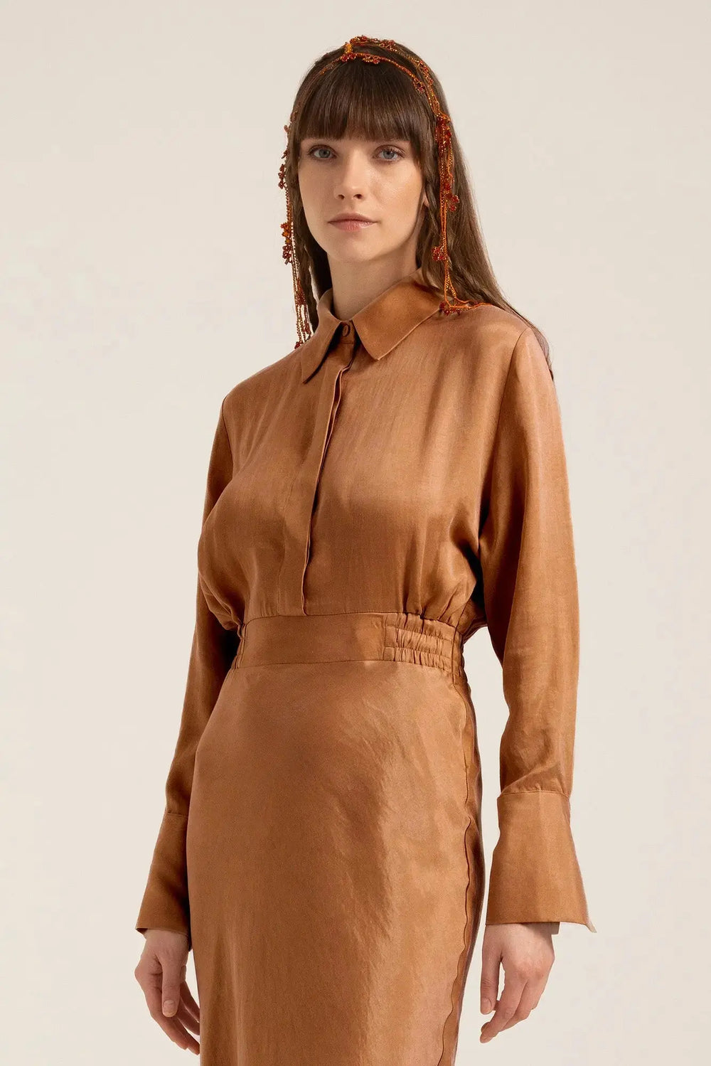 Luna Shirt Maxi Dress in Gold Aztec – Front | AJIRAH #Gold Aztec